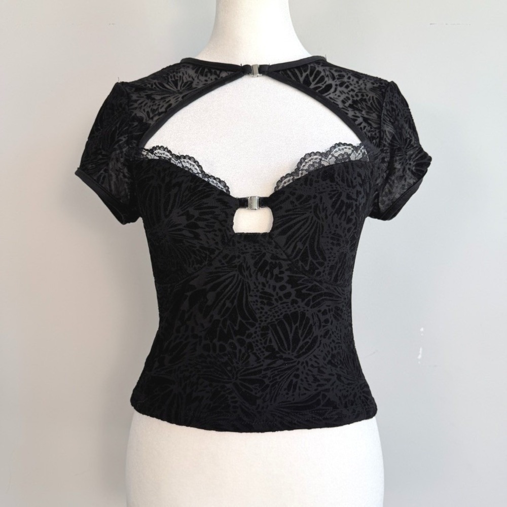 Black Velvet‎ Burnout Babydoll Sheer Back Top Medium Lace Fairy Grunge - Picture 2 of 10